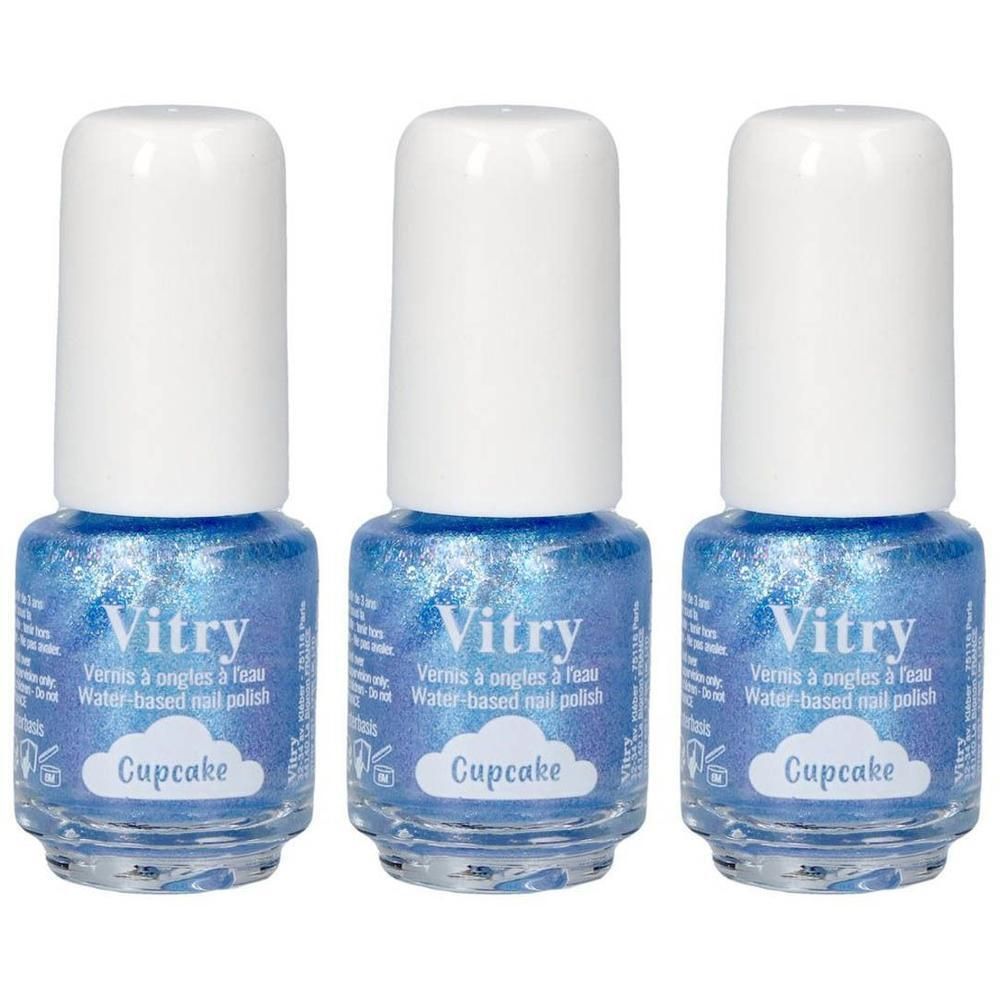 Trois flacons de vernis à ongles Vitry Cupcake bleu pailleté.
