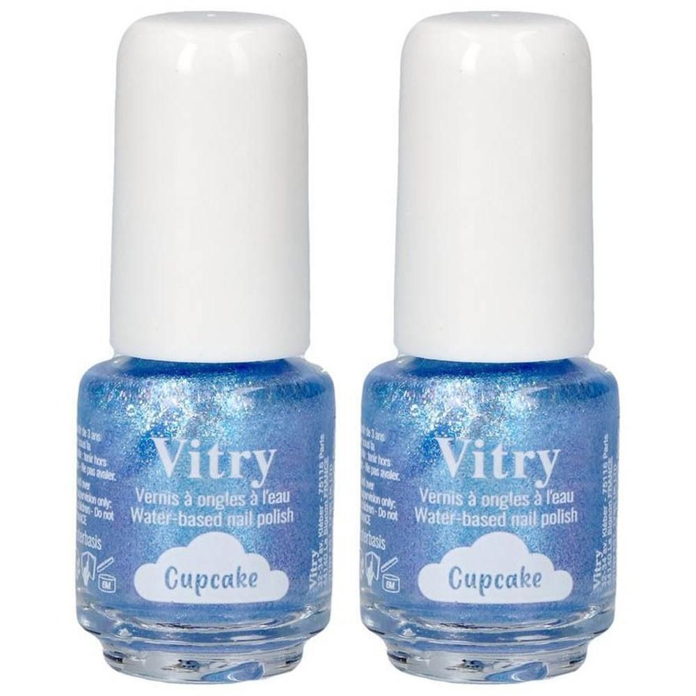 Twee flesjes Vitry Cupcake nagellak in blauw met glitter.