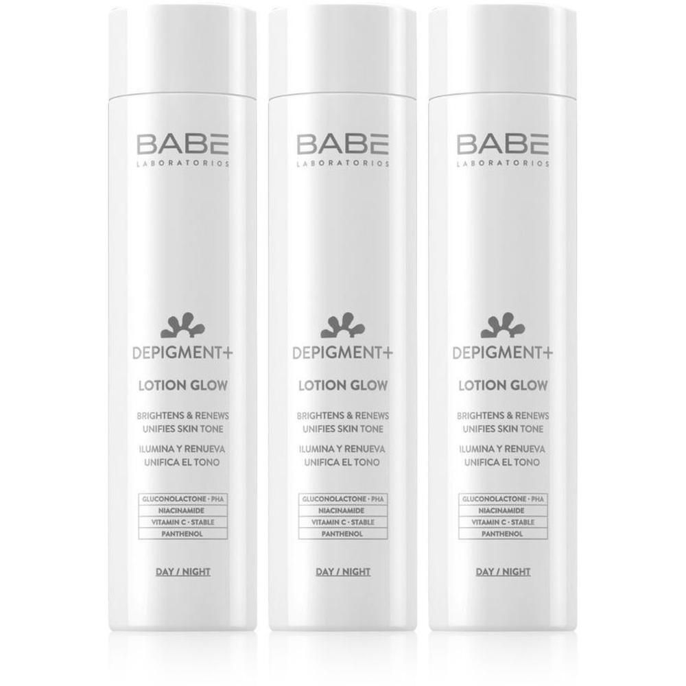 Drie witte flacons BABÉ Depigment+ Lotion Glow met opschriften.