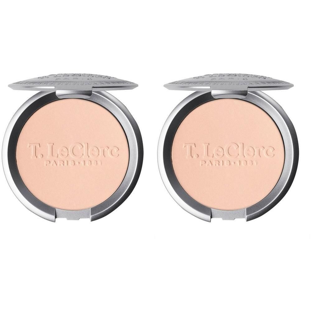 Deux poudres compactes T. LeClerc Rosé dans leur boîtier argenté.