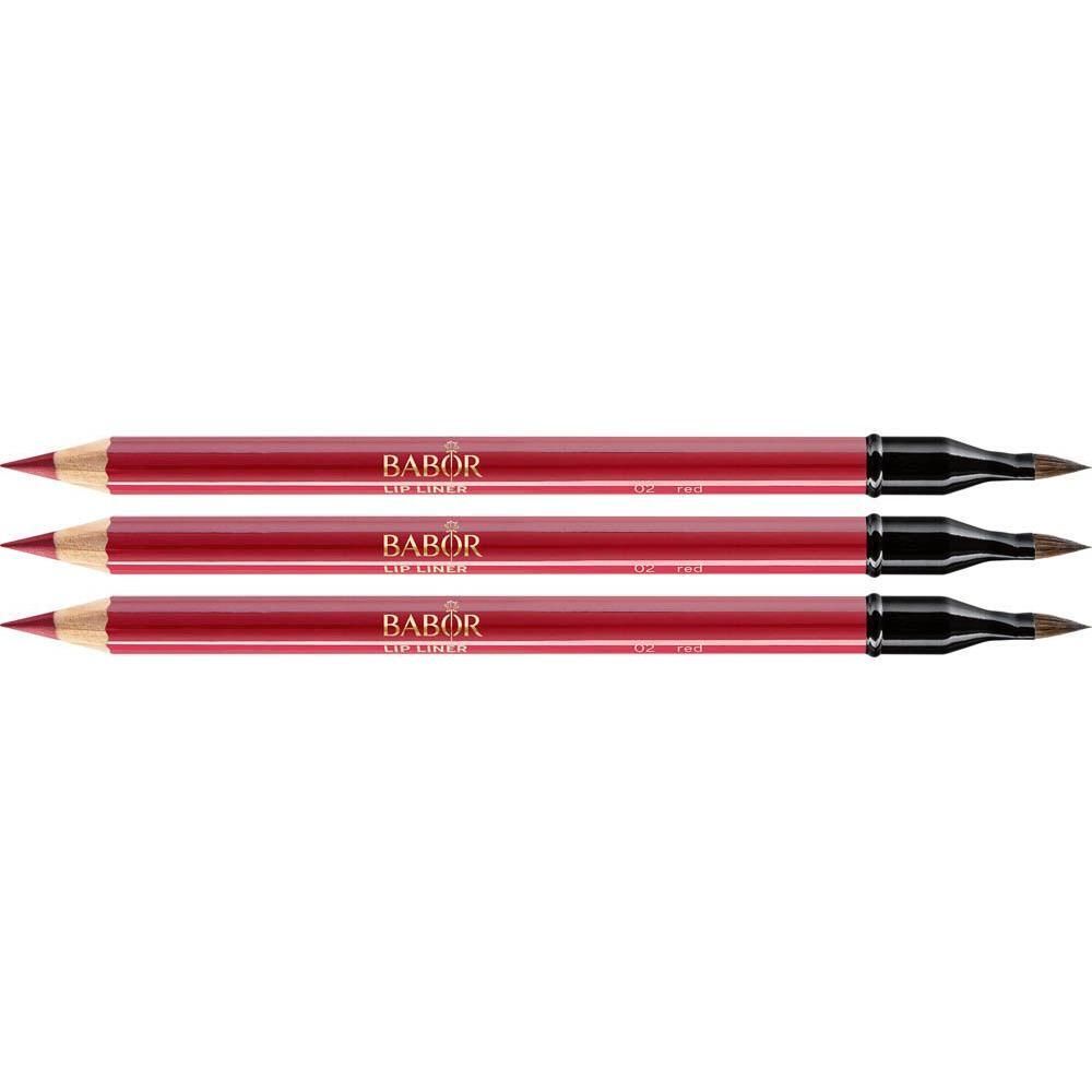 Trois crayons à lèvres Babor rouges, chacun avec une extrémité à tailler et une extrémité avec applicateur.