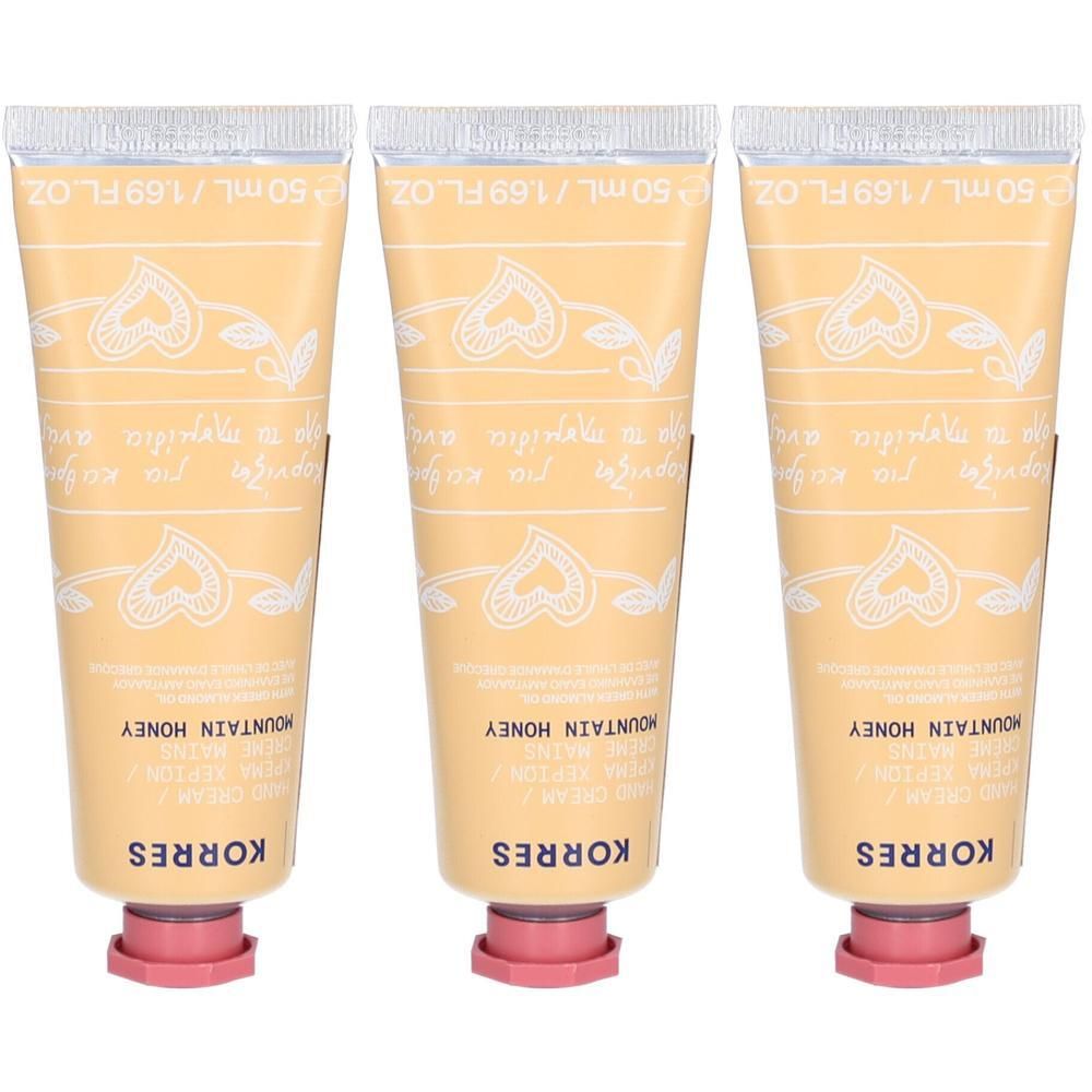 Drie tubes Korres handcrème met berg-honing, 50 ml.