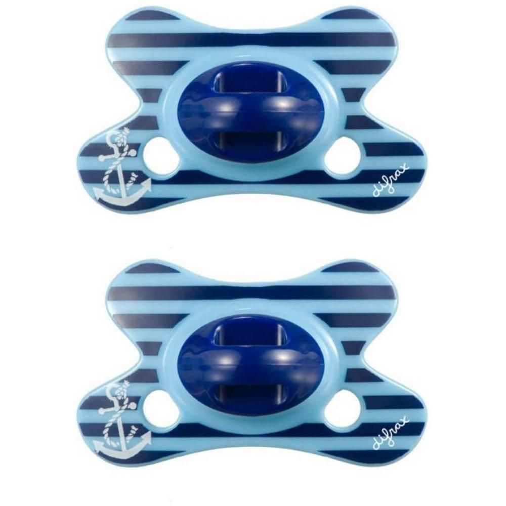 Deux sucettes bleues à rayures et motif ancre.