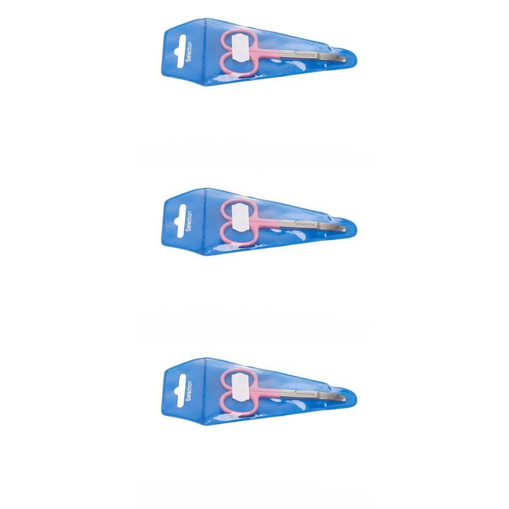 Ciseaux pour bébé avec poignées roses dans un emballage blister transparent.
