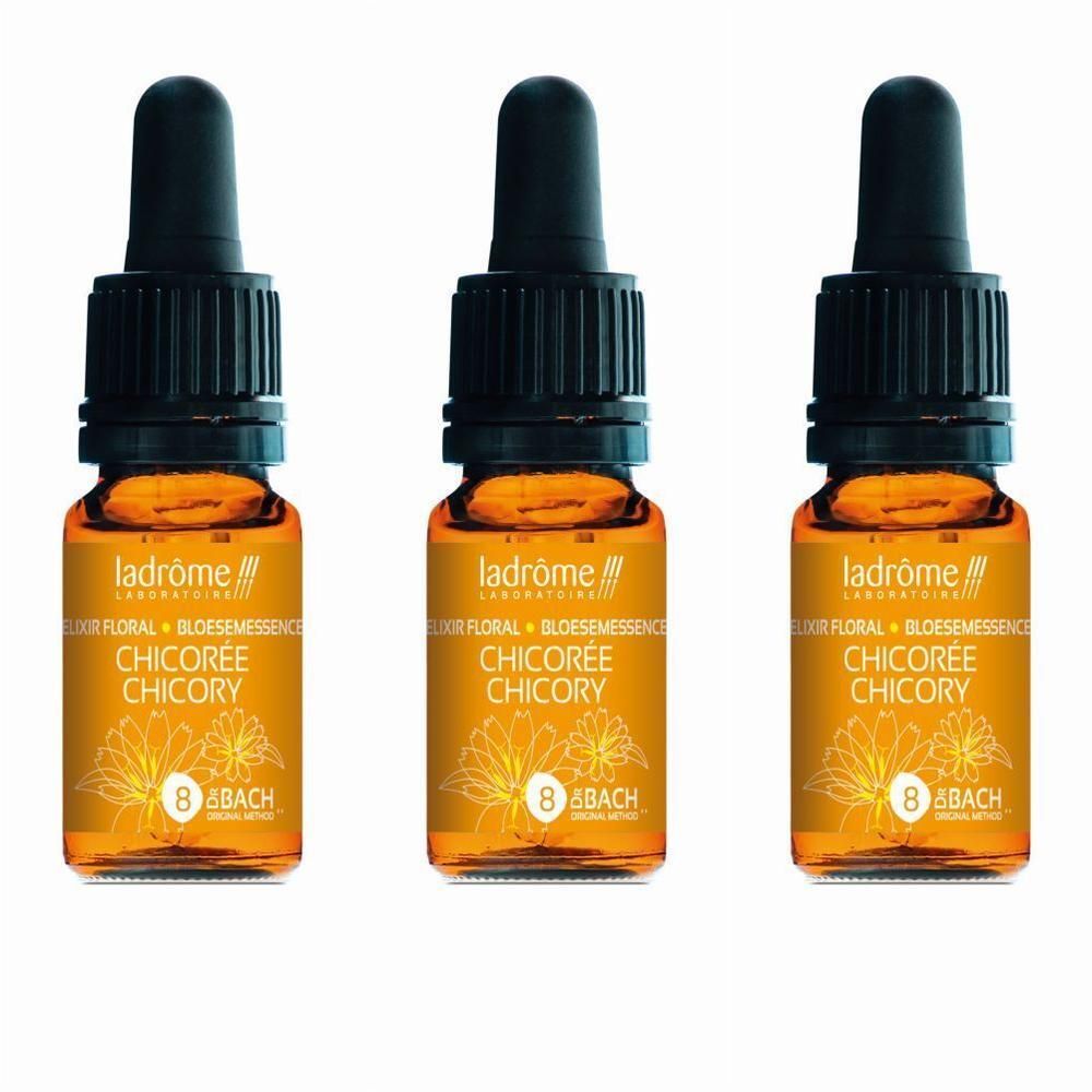 Trois flacons Ladrôme Chicorée N°8 avec bouchon compte-gouttes. Verre brun, étiquette orange avec motif floral.