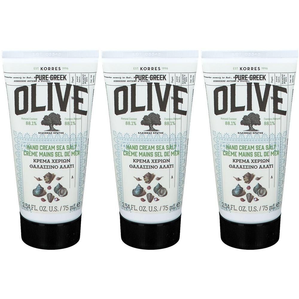 Drie tubes Korres handcrème met olijfolie en zeezout.