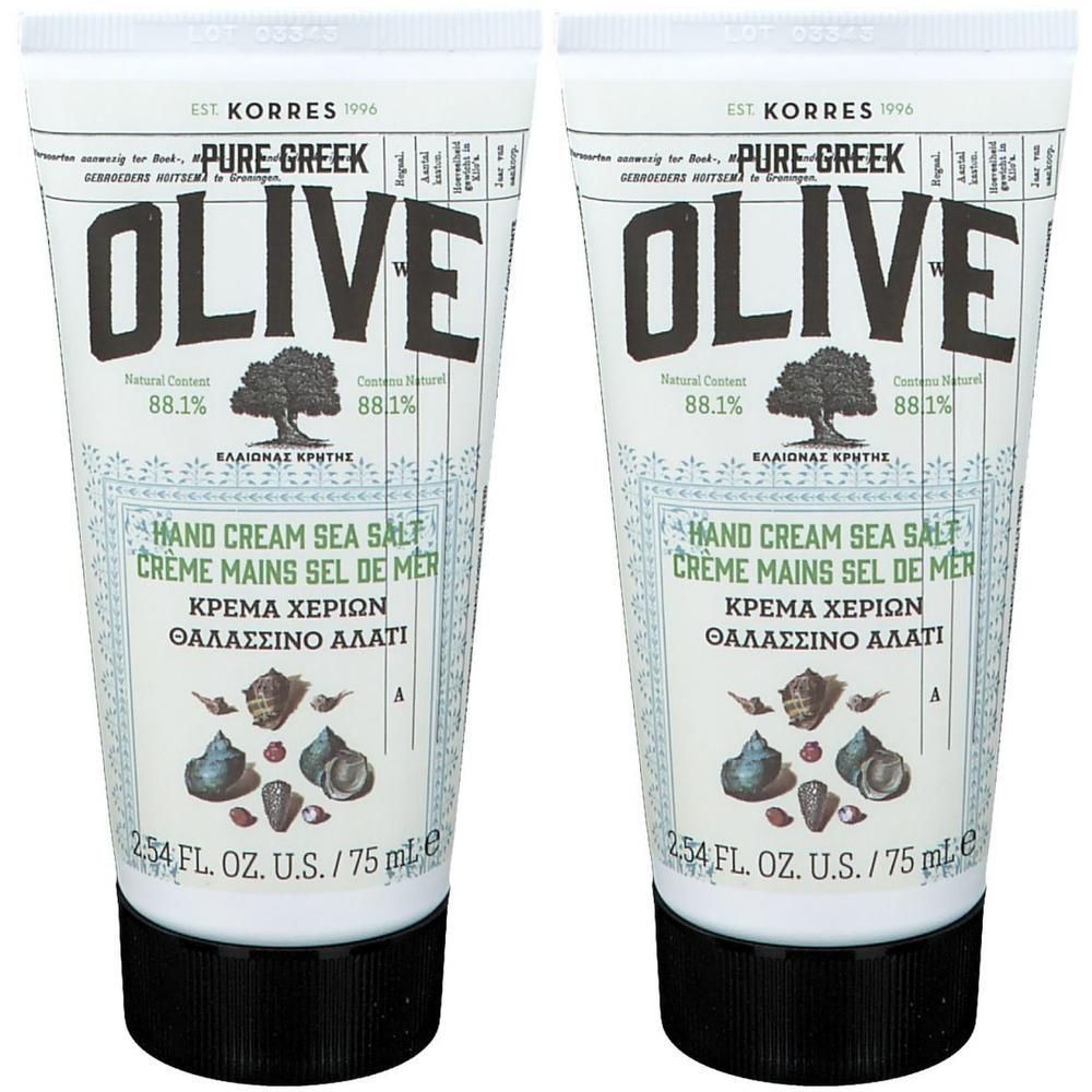 Twee tubes Korres Handcrème Zeezout met olijfolie, 75ml.