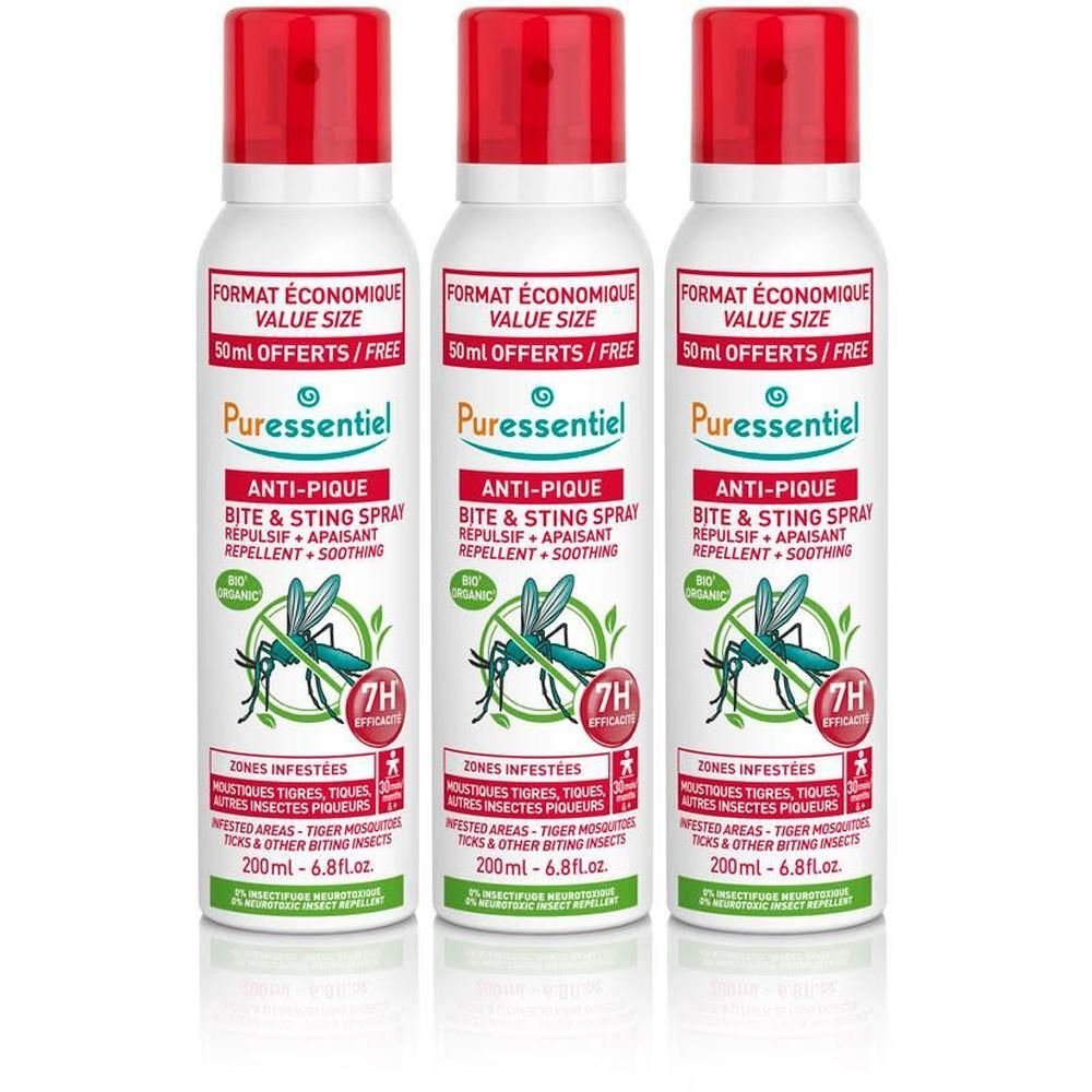 Drie flacons Puressentiel Anti-Pique Bite & Sting Spray, 200ml.