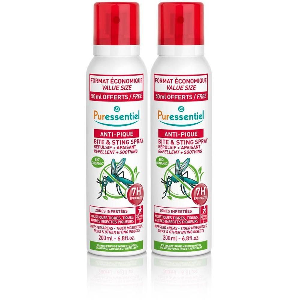 Deux flacons de spray anti-pique Puressentiel, 200ml.