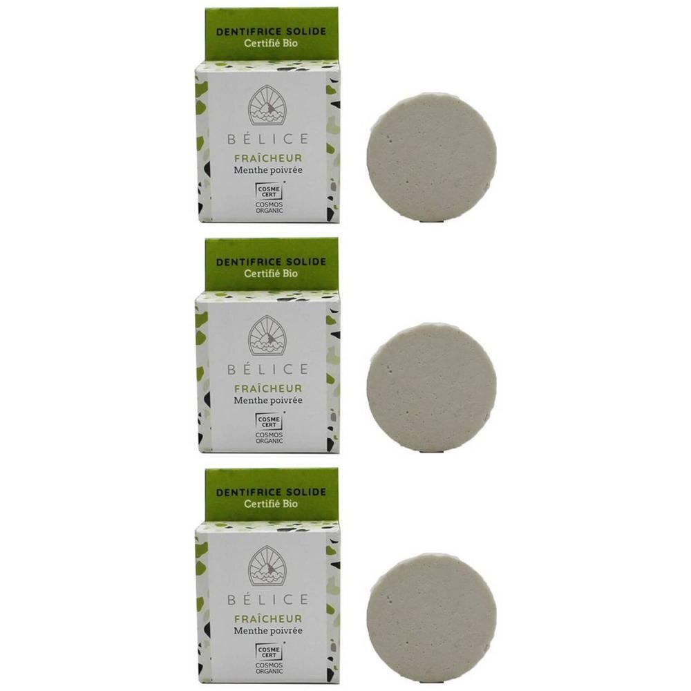 Drie pakken vaste biologische pepermunt tandpasta, COSMOS ORGANIC gecertificeerd.