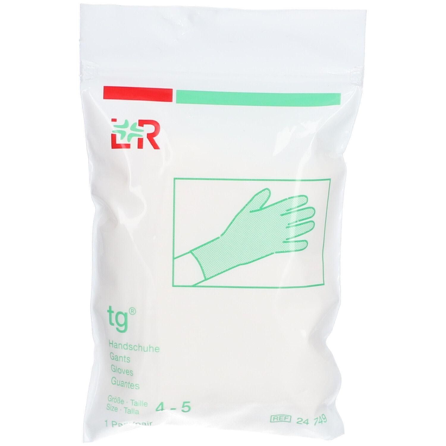 Emballage de gants jetables, taille 4-5. Comprend une illustration d'un gant.