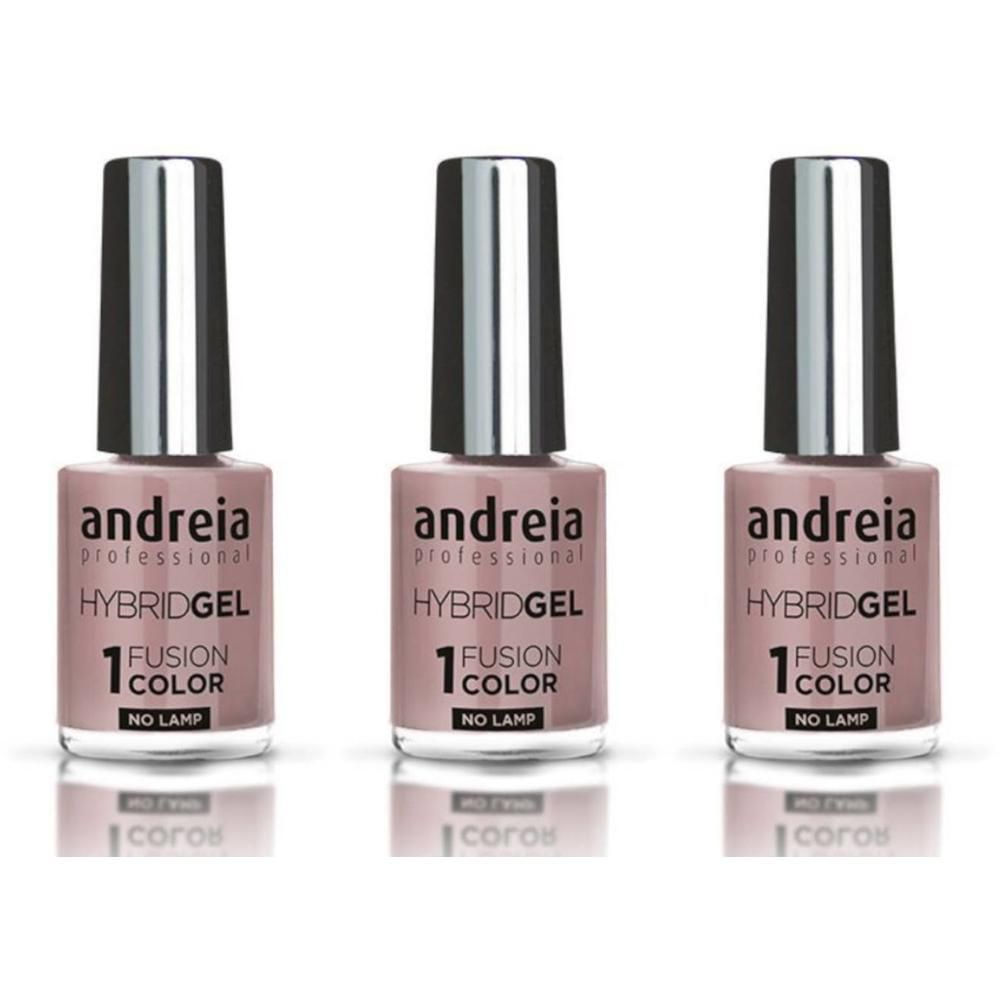 Trois flacons de vernis à ongles Andreia Hybridgel couleur vieux rose. Bouchons argentés, étiquettes noires.