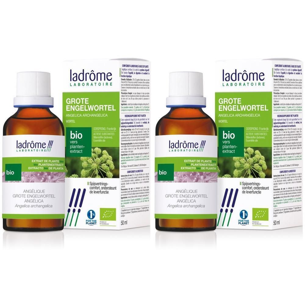 Twee flessen Ladrôme Grote Engelwortel Bio met etiketten en verpakkingen.