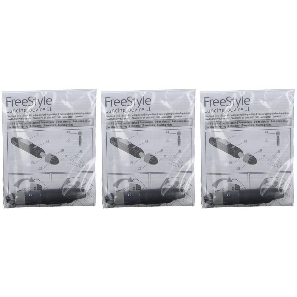 Trois dispositifs de prélèvement Freestyle Lancing Device II sous emballage individuel avec instructions.