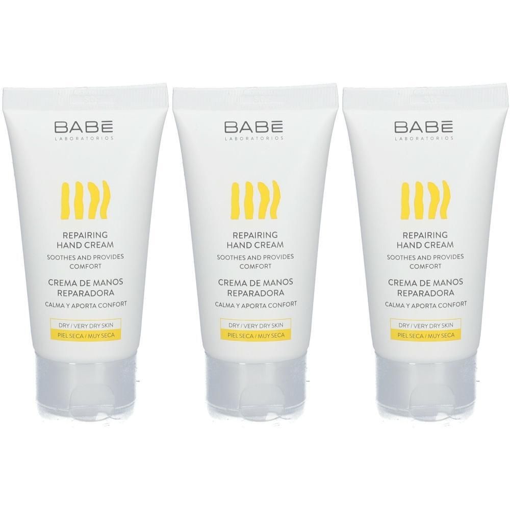 Trois tubes de crème mains réparatrice BABÉ pour peaux très sèches.