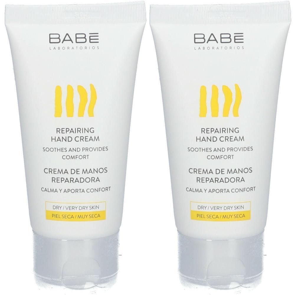 Deux tubes blancs de BABÉ Repairing Hand Cream pour peau sèche.