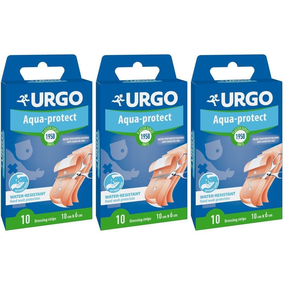 Drie pakken Urgo Aqua Protect verbandstrips, 10cm x 6cm, waterbestendig.