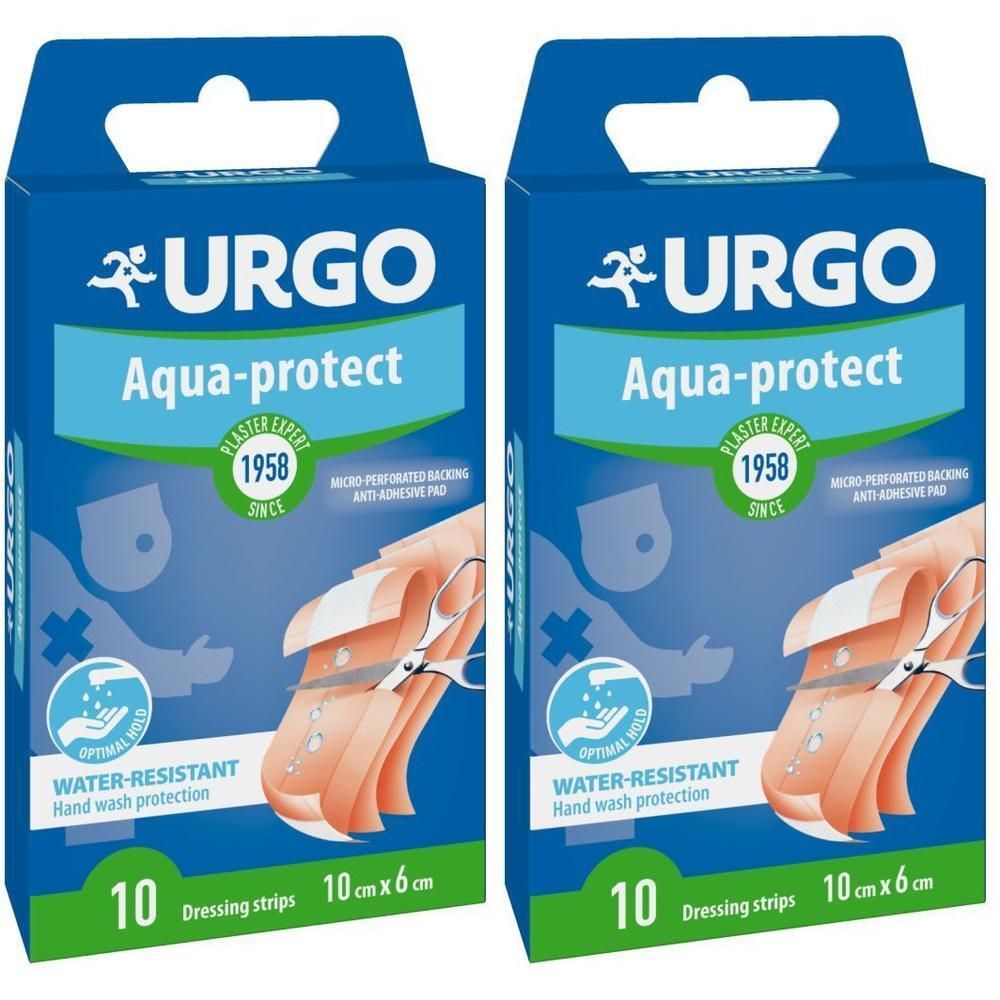 Twee pakken Urgo Aqua Protect pleisters, 10x6cm, waterbestendig.