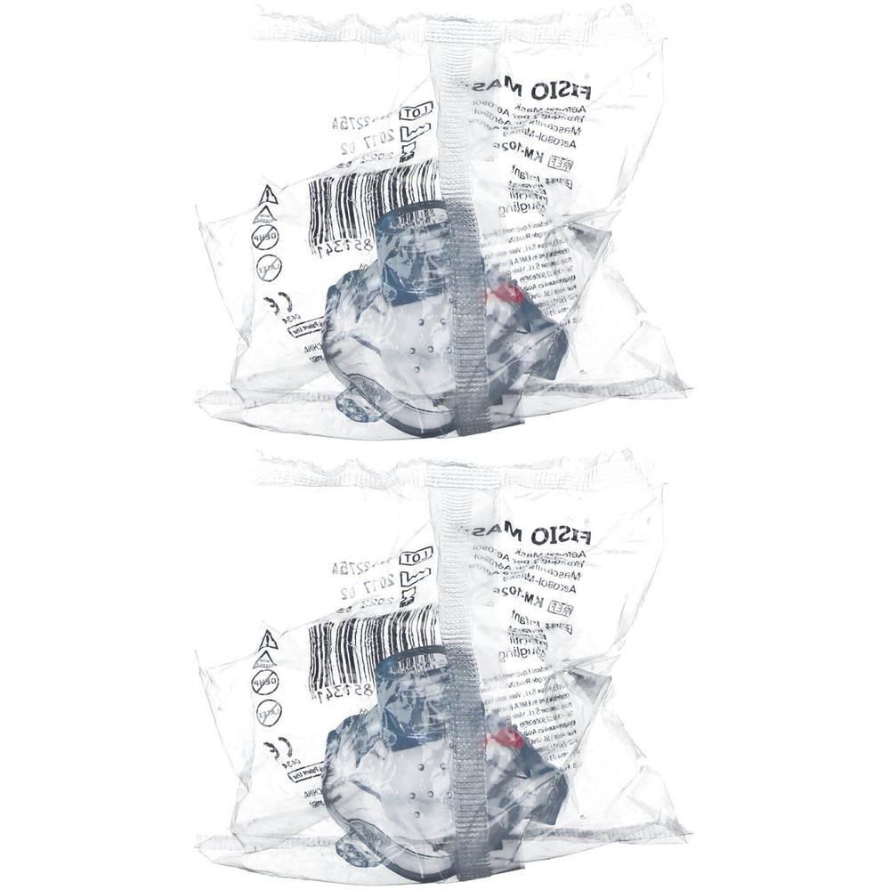 Deux masques faciaux pour bébé emballés individuellement, transparents avec des accents bleus.