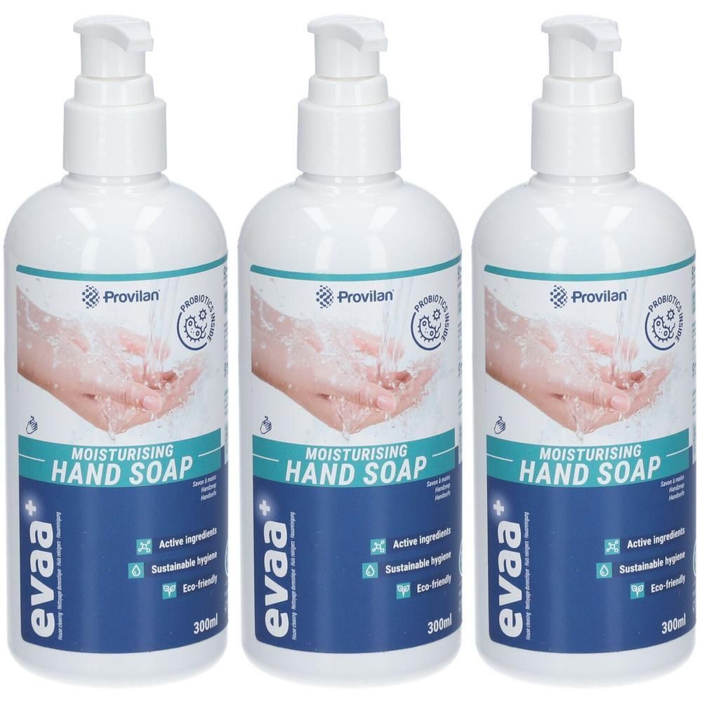 Drie flessen EVAA+ hydraterende handzeep met pompdosering. 300ml.