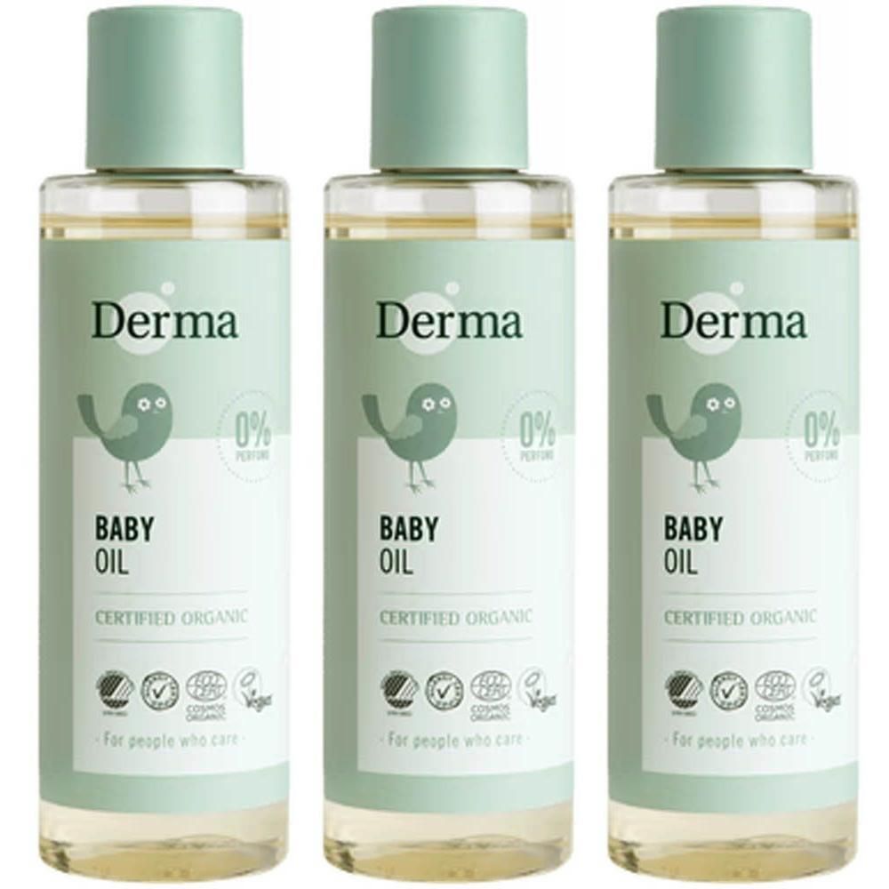 Trois flacons d'huile pour bébé Derma, certifiée bio, sans parfum.