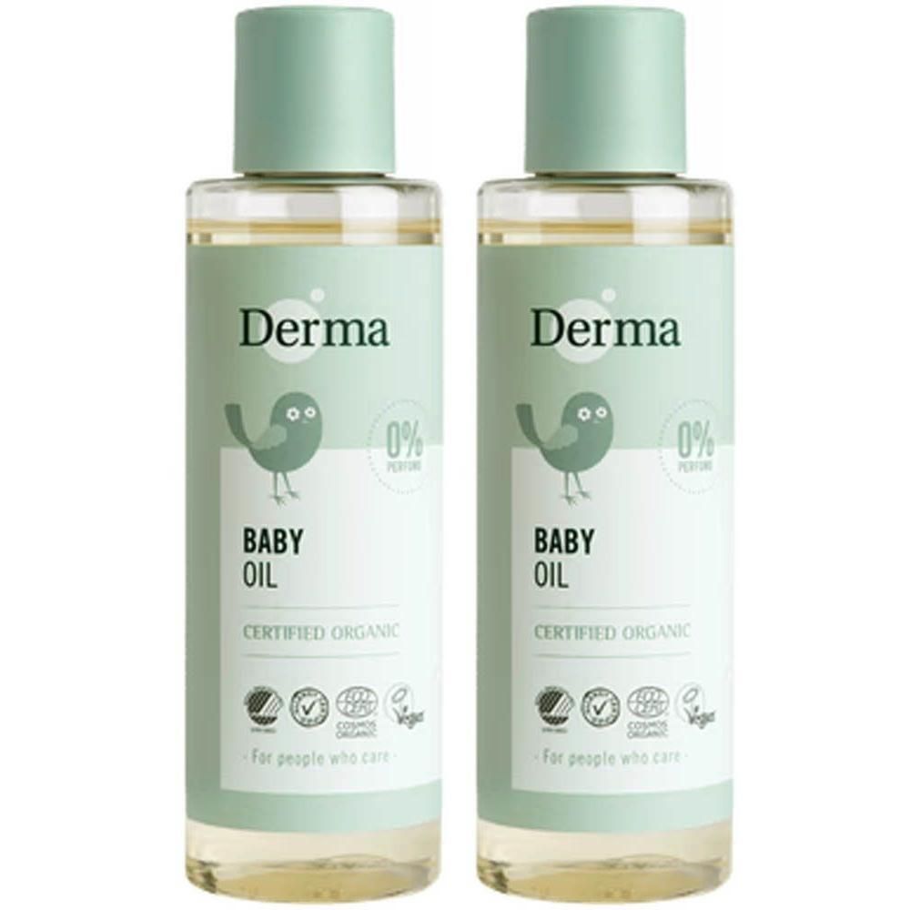 Twee flessen Derma Babyolie, gecertificeerd biologisch, zonder parfum.