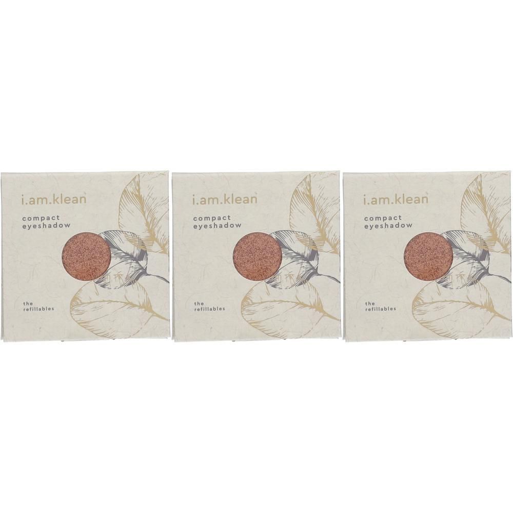 Drie i.am.klean Compact Eyeshadow "Legend" in kartonnen verpakkingen met bladerenmotief.