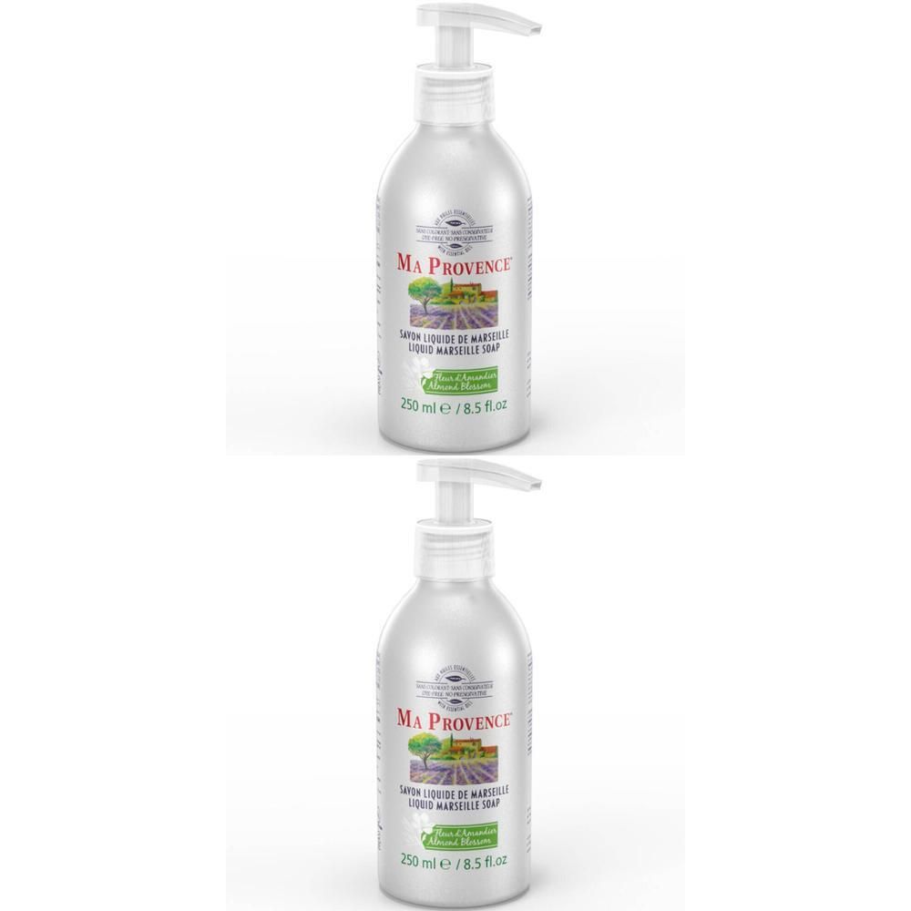 Deux flacons de savon liquide Ma Provence Fleur d'Amandier, 250 ml chacun.