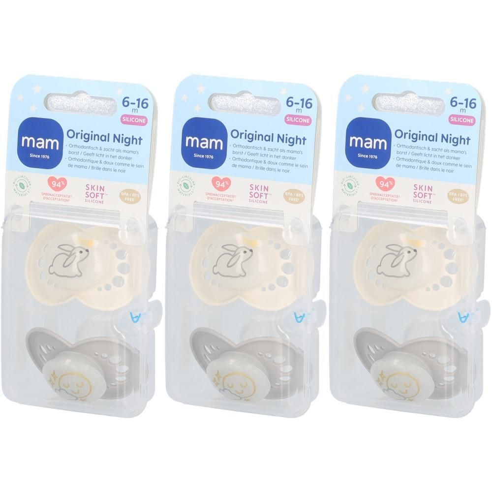Trois sucettes MAM Original Nuit pour 6-16 mois, en silicone, avec motif lapin.