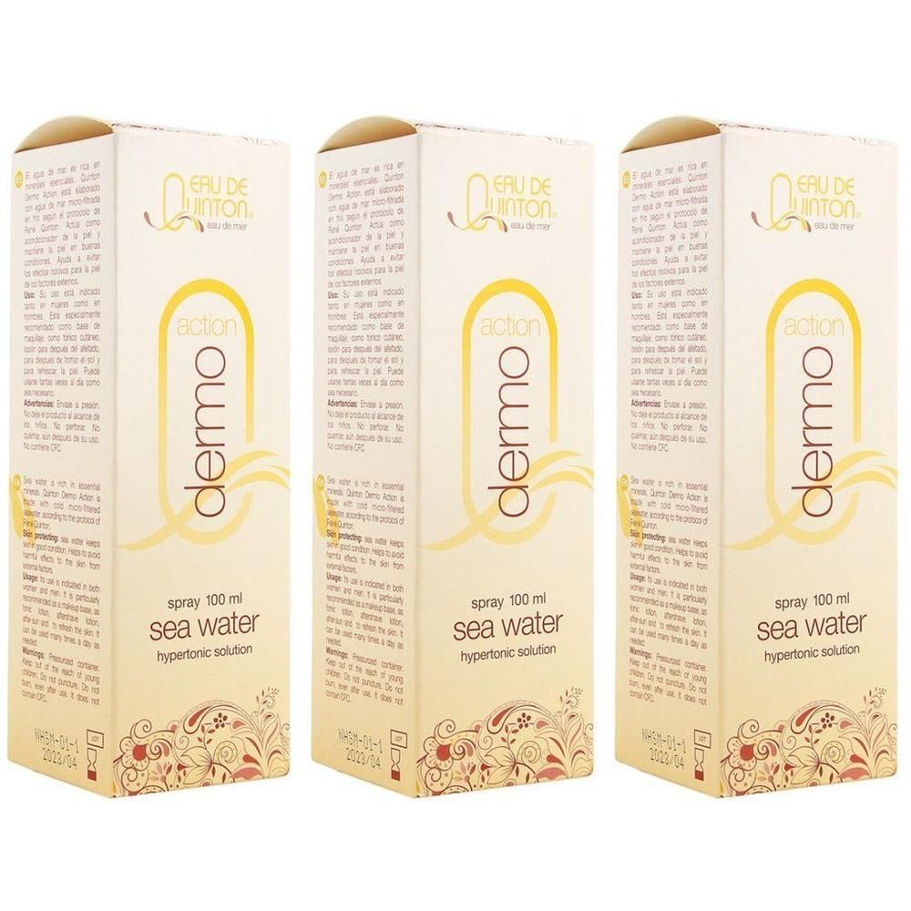 Drie verpakkingen Eau de Quinton Dermo Action Spray, 100 ml hypertonische zeewateroplossing.