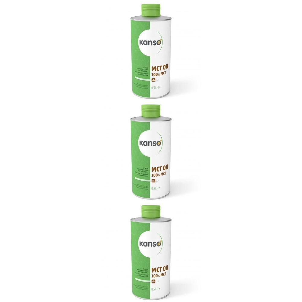 Drie flessen Kanso MCT Olie 100% met groen etiket en dop.