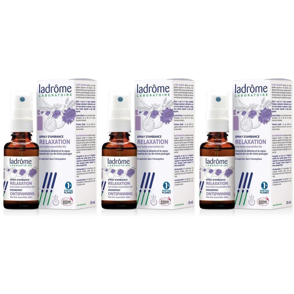 Trois flacons de Ladrome Spray d'ambiance Relaxation avec boîtes. Flacons en verre brun avec vaporisateur.