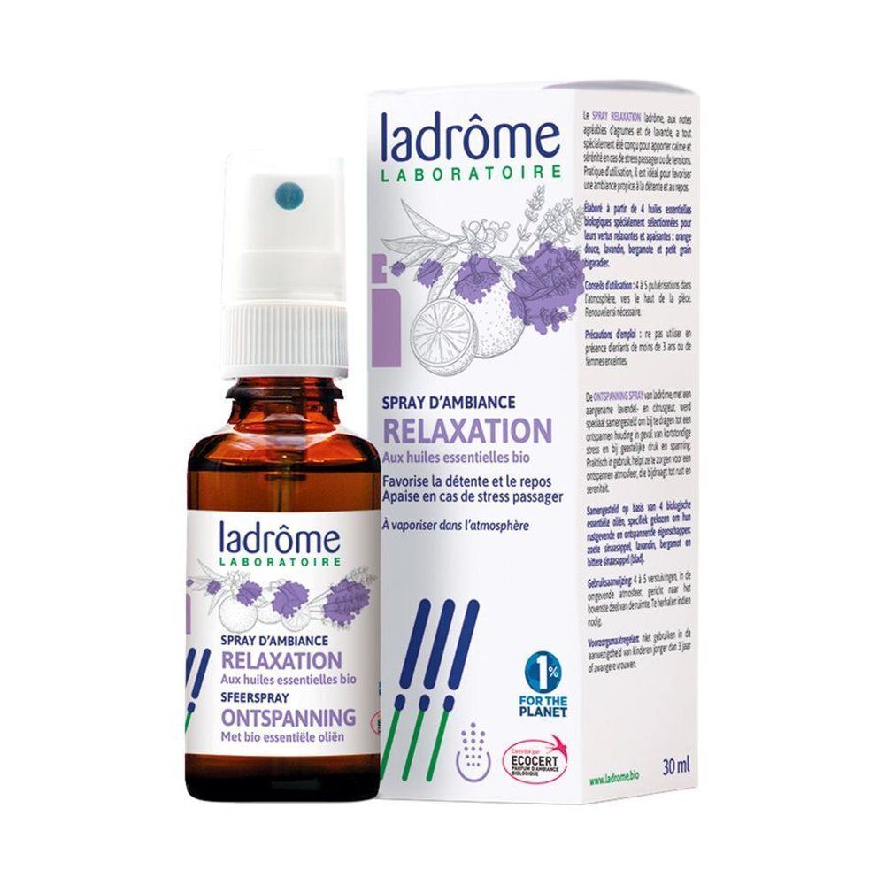 Flacon et boîte de Ladrome Spray d'ambiance Relaxation. Flacon en verre brun avec vaporisateur et étiquette.