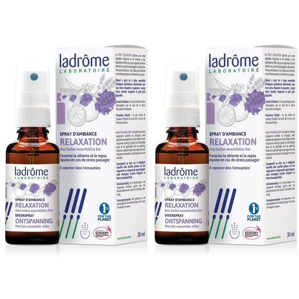 Deux flacons de Ladrome Spray d'ambiance Relaxation avec leur emballage.