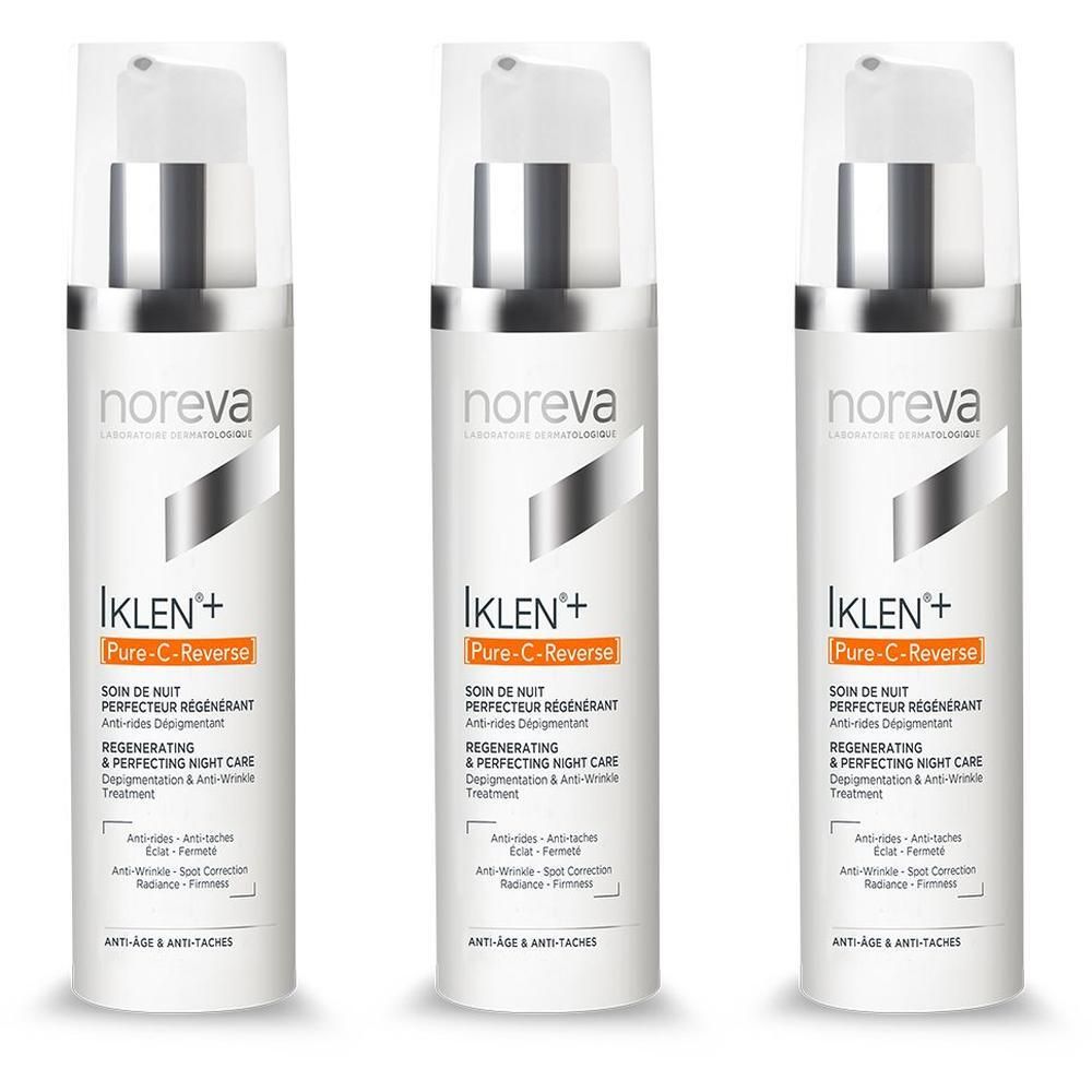Drie flacons Noreva Iklen+ Pure-C-Reverse Nachtverzorging met pompdosering.