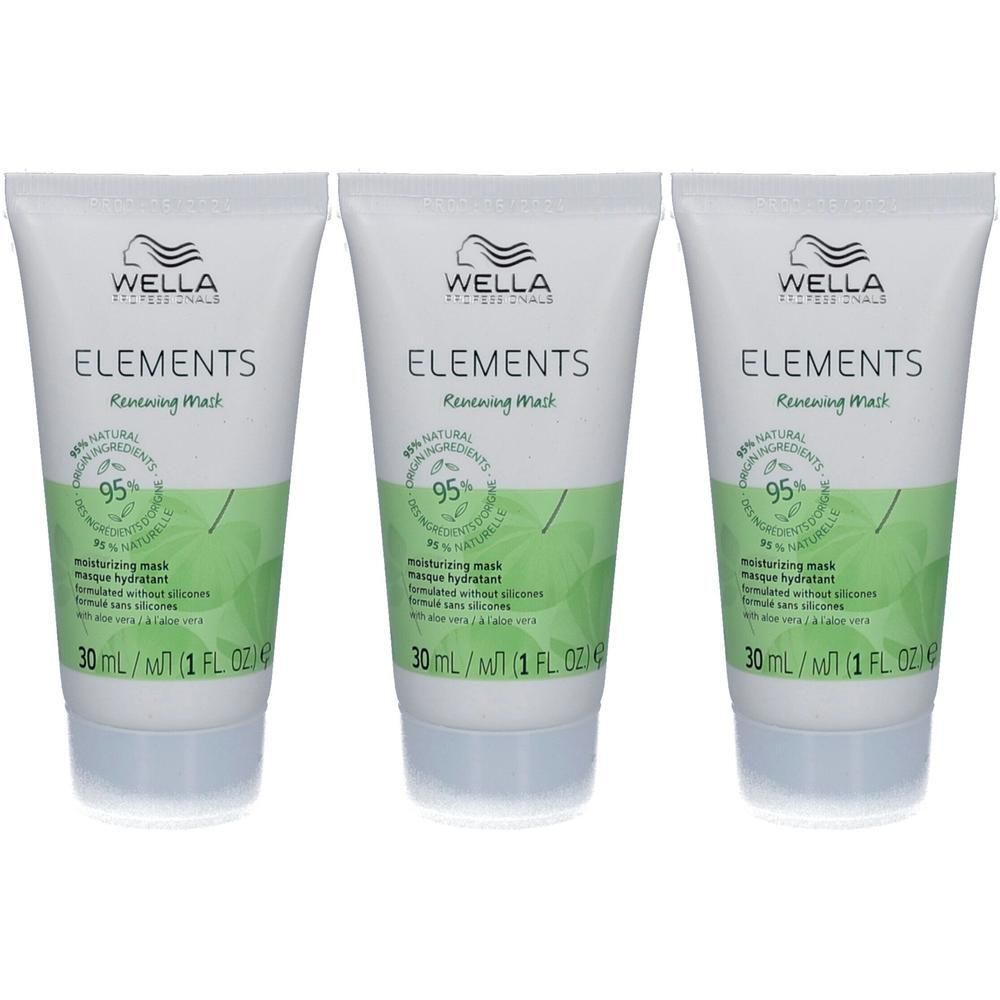Trois tubes de Masque Rénovateur Wella Elements, 30 ml chacun. Tubes blancs avec motifs de feuilles vertes.
