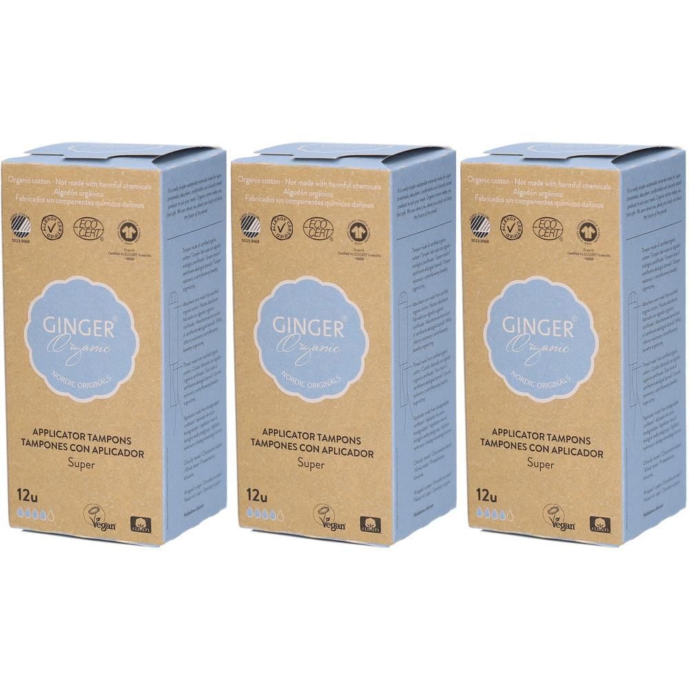 Drie pakken Ginger Organic tampons met applicator, Super maat, 12 stuks per pak.