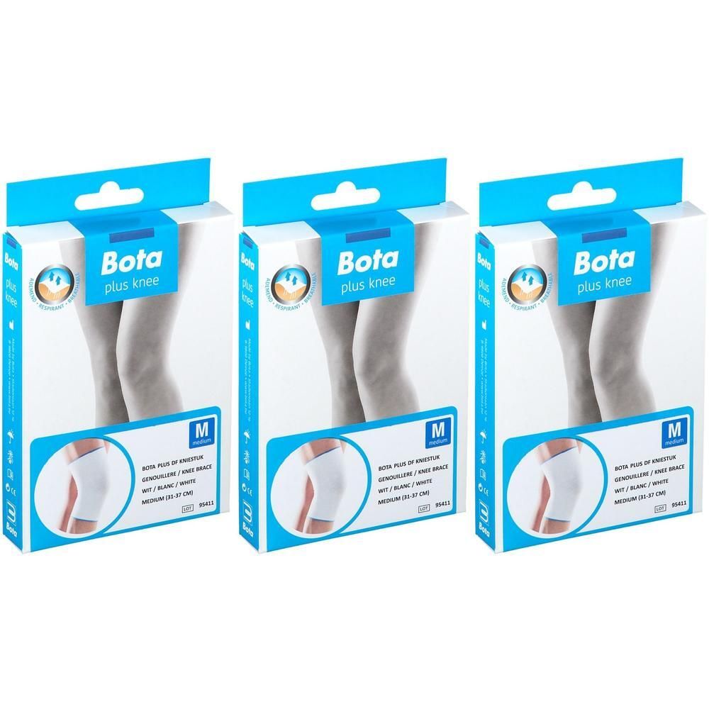 Trois paquets de genouillères Bota Plus blanches, taille M.