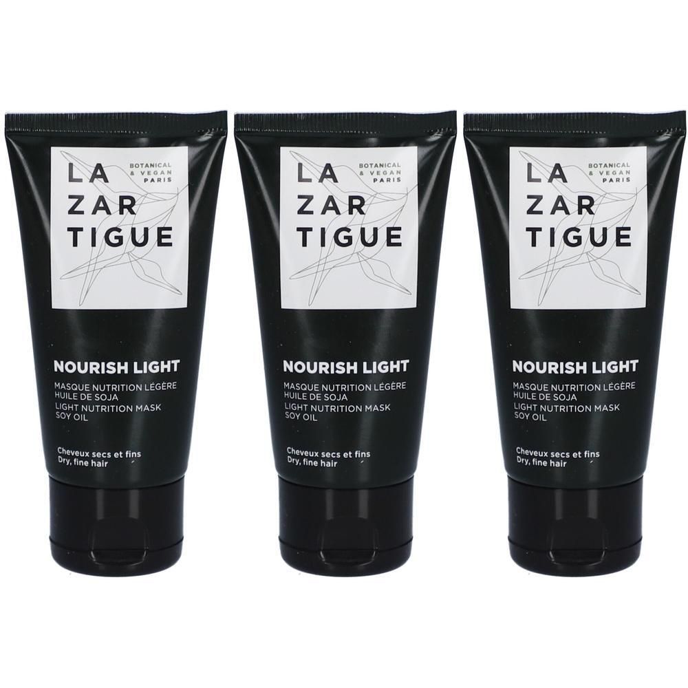 Trois tubes de Lazartigue Nourish Light Masque Nutrition Légère Huile de Soja pour cheveux secs et fins.