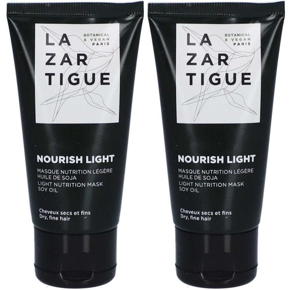 Deux tubes Lazartigue Nourish Light Masque Nutrition Légère Huile de Soja pour cheveux secs et fins.