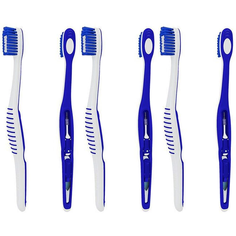 Cinq brosses à dents bleues et blanches avec des poils bleus.