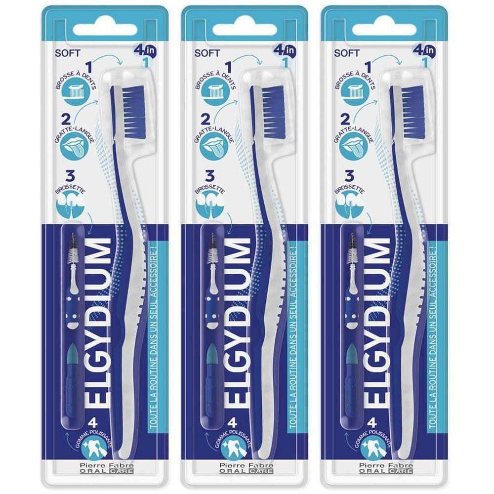 Drie verpakte Elgydium 4-in-1 tandenborstels Soft met tongschraper en interdentale borstel.