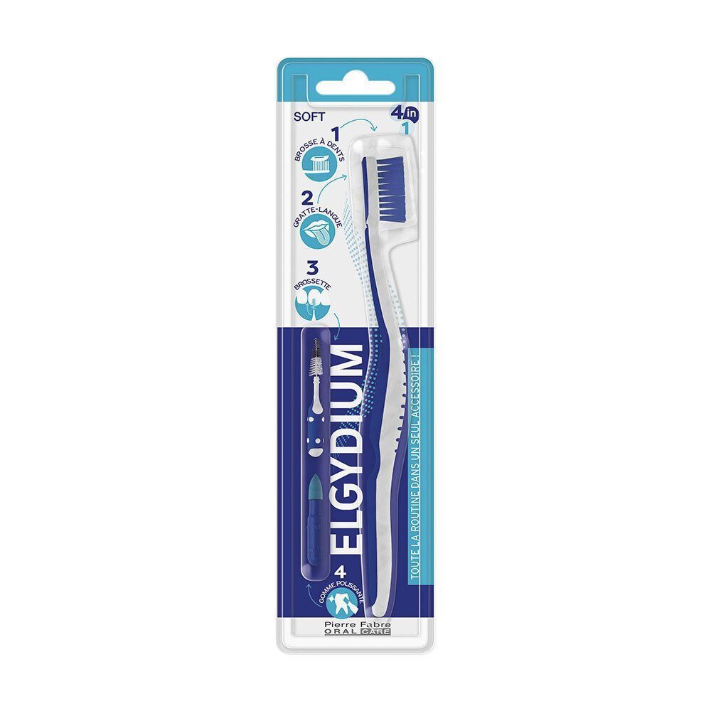 Brosse à dents Elgydium 4-en-1 Soft emballée, avec gratte-langue et brossette interdentaire.
