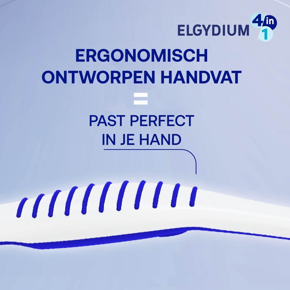 Elgydium 4-in-1 tandenborstel: ergonomisch ontworpen handgreep voor een perfecte pasvorm.