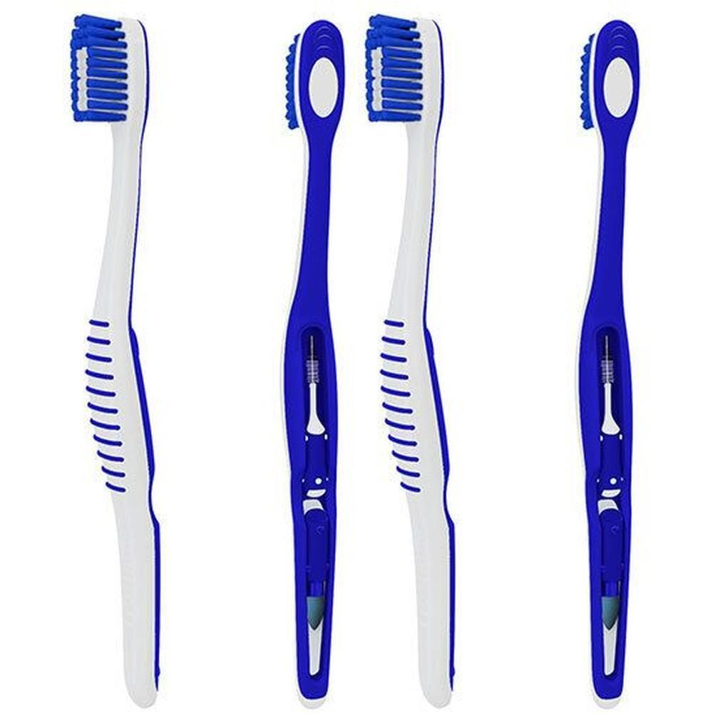 Deux brosses à dents bleues et blanches, une de face, une de profil.
