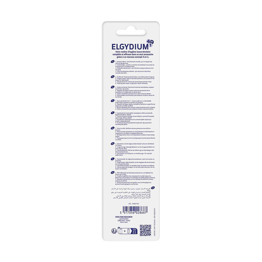 Arrière de l'emballage d'une brosse à dents bleue et blanche, quatre fonctions.