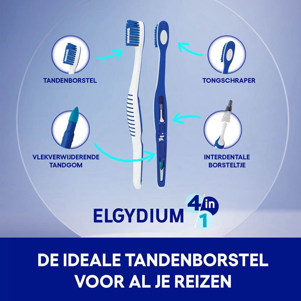 Twee blauw-witte tandenborstels, vier functies en accessoires.