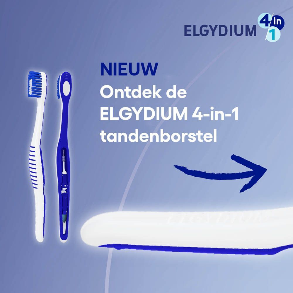 Twee blauw-witte tandenborstels, vier functies.