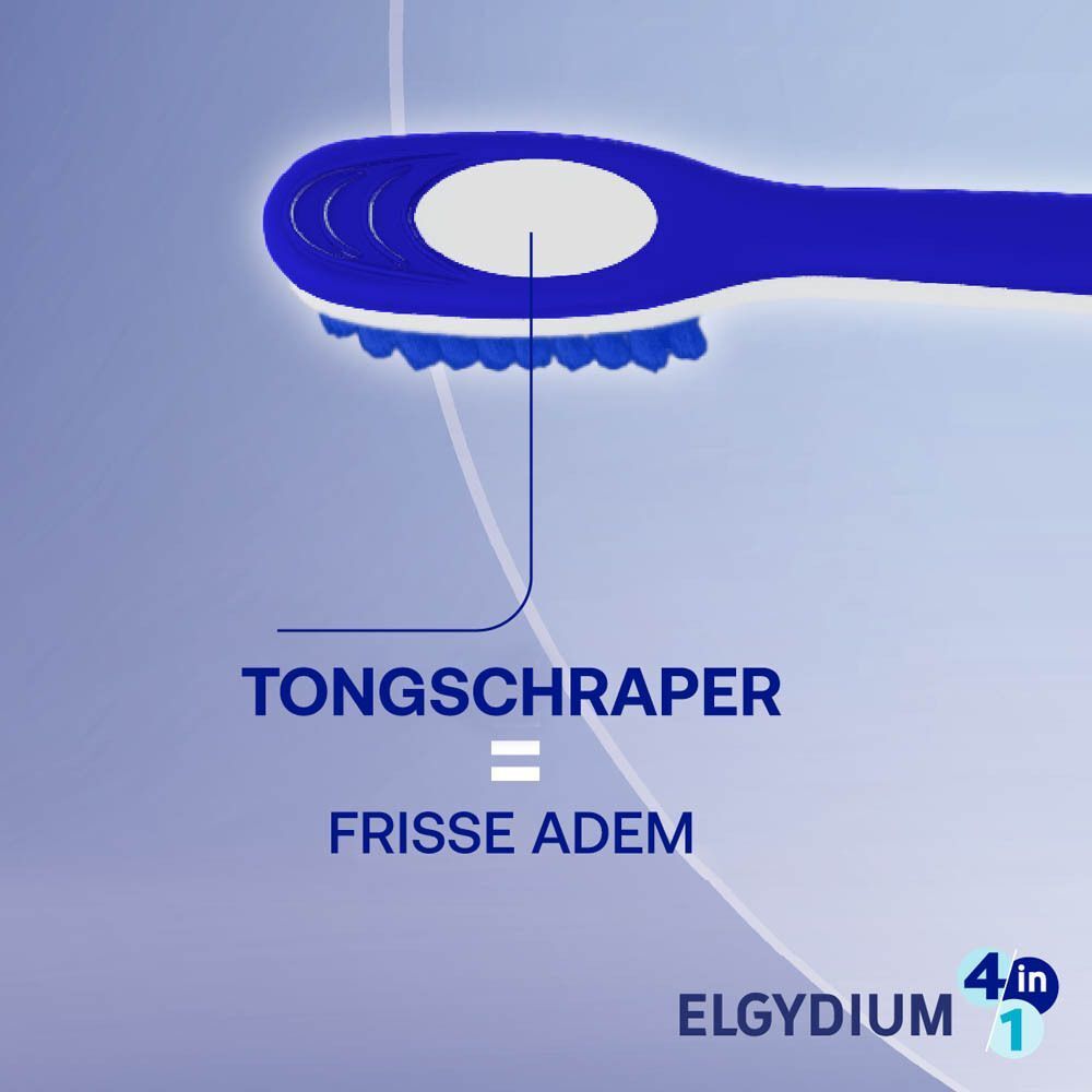 Close-up van de tongschraper van een blauw-witte tandenborstel.