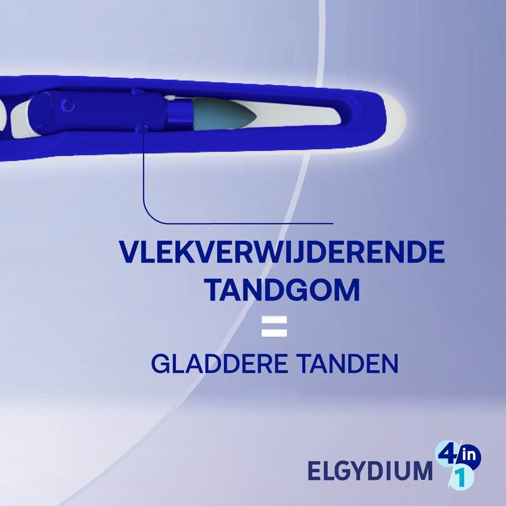 Close-up van de vlekverwijderaar van een blauw-witte tandenborstel.